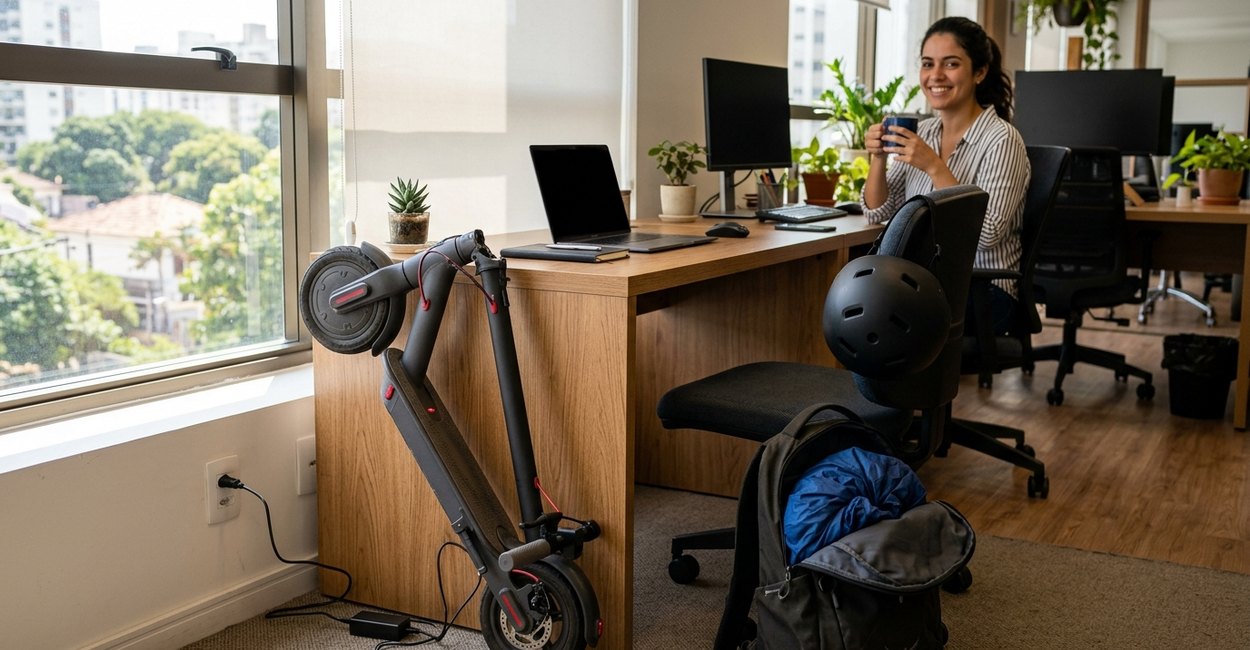 patinete elétrico para trabalhar: dobrado no escritório carregando