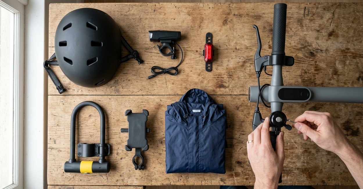 acessórios de patinete elétrico: capacete, luzes, campainha, trava e capa de chuva