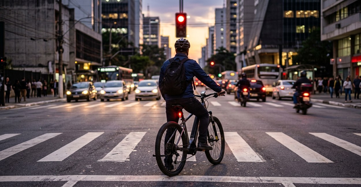 Ciclista parado no semáforo com bicicleta elétrica em avenida da cidade