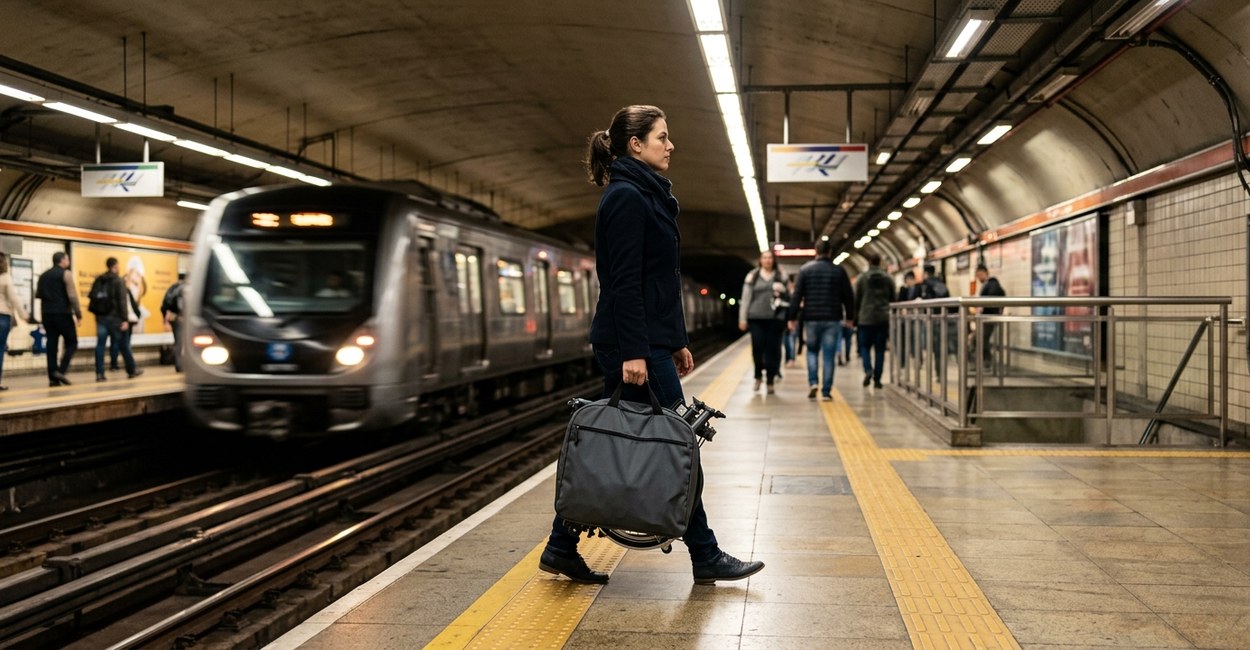 Pessoa com bicicleta dobrável embalada em capa na plataforma do metrô