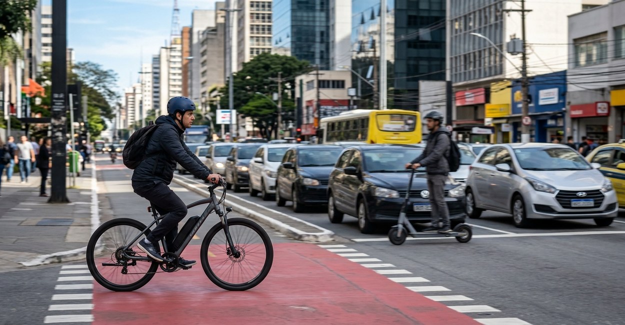 Ciclista em bicicleta elétrica na ciclofaixa ao lado do trânsito parado