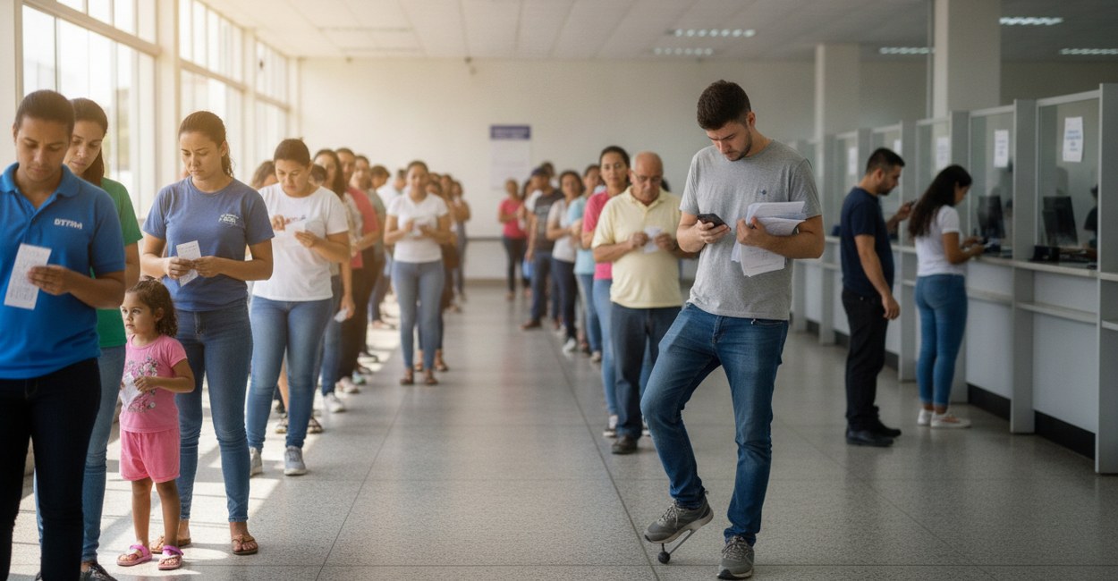 Fila no Detran com pessoas segurando senha, homem consulta o IPVA do carro elétrico no celular