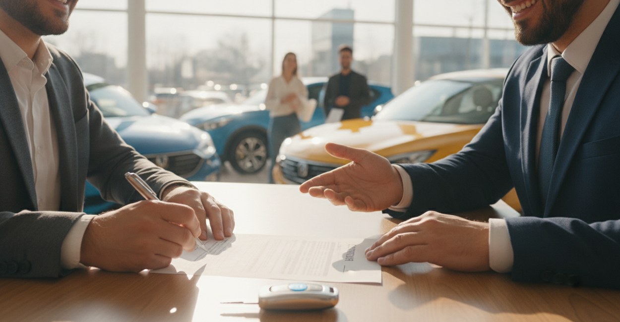 Mãos assinando contrato de financiamento do Move Brasil em balcão de concessionária com chave de carro elétrico ao lado