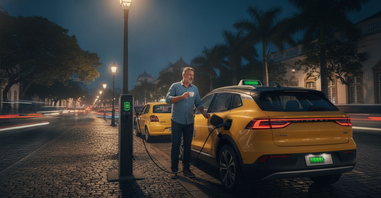 Taxista carregando carro elétrico em eletroposto de rua à noite com copo de café na mão