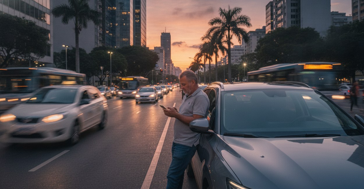 Motorista de aplicativo encostado em SUV elétrico em ponto de táxi, fazendo a conta da Leapmotor no Move Brasil