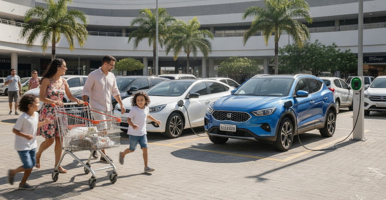 Dois carros elétricos carregando em estacionamento de shopping enquanto uma família passa