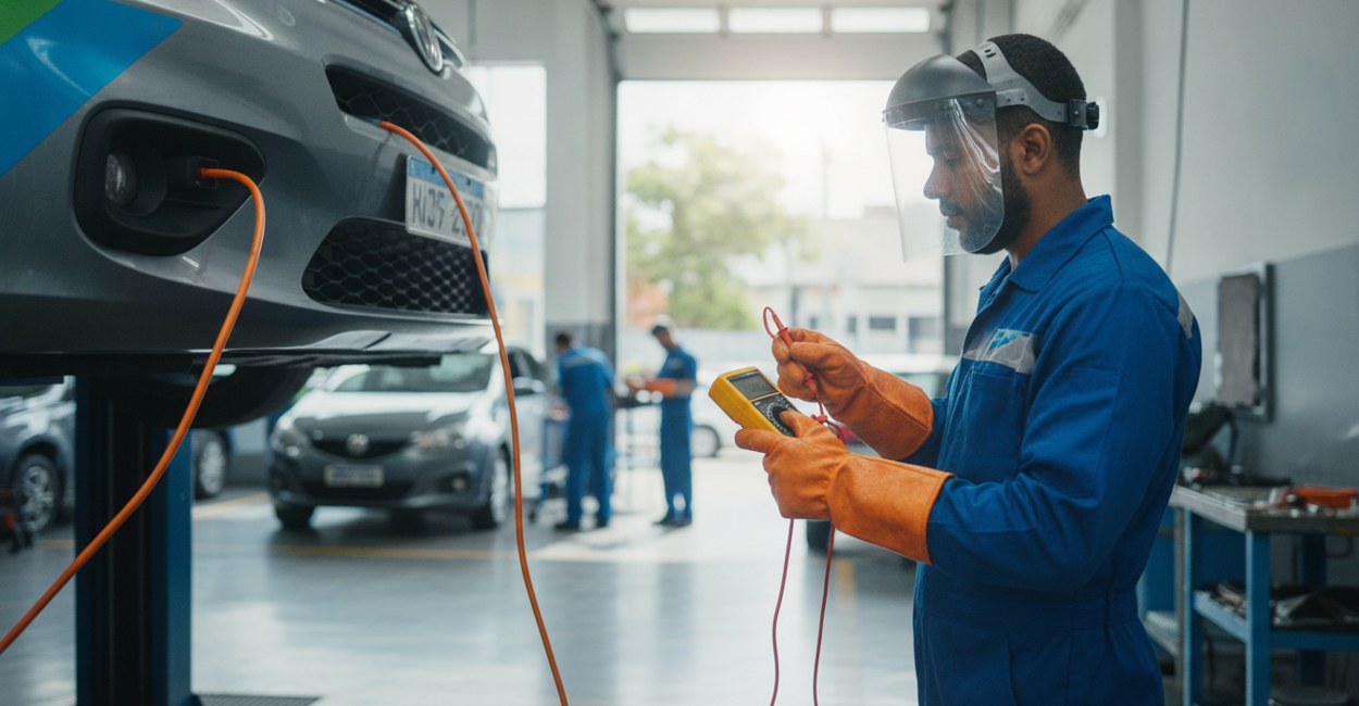 Mecânico com luvas isolantes e multímetro inspecionando o sistema de alta tensão de um carro elétrico