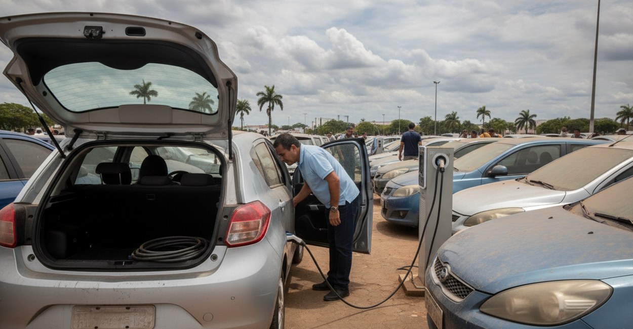 Carro elétrico em leilão num pátio brasileiro, com o cabo de recarga enrolado no porta-malas aberto