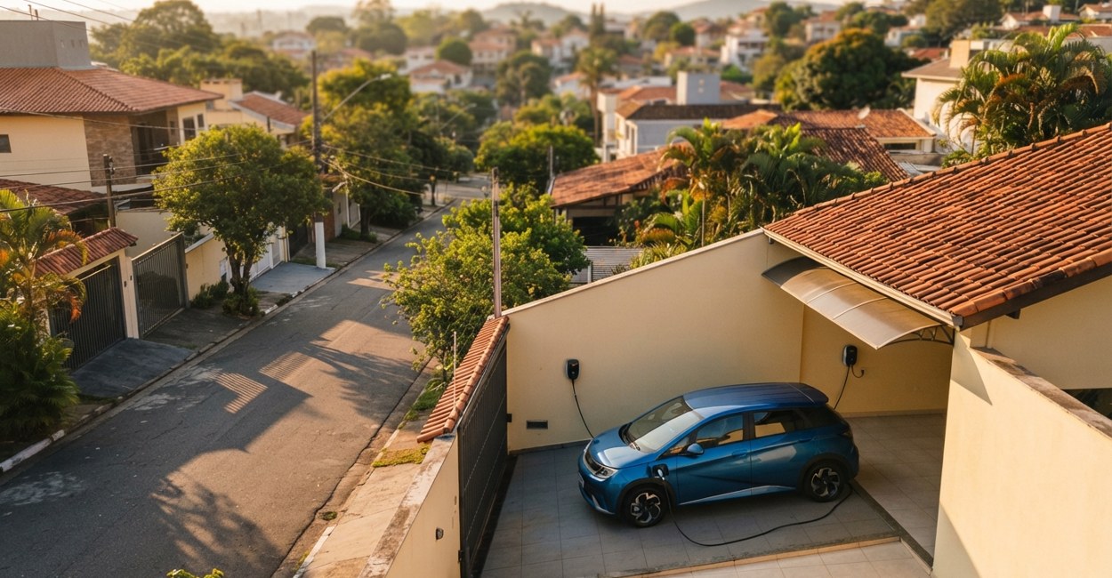 Cabo de recarga conectado a um carro eletrico azul dentro de uma garagem
