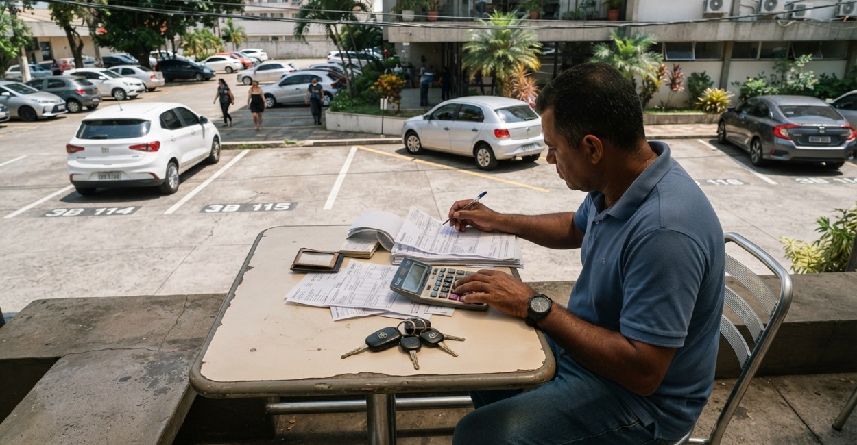 Maos conferem contas com calculadora sobre a mesa ao lado da chave do carro