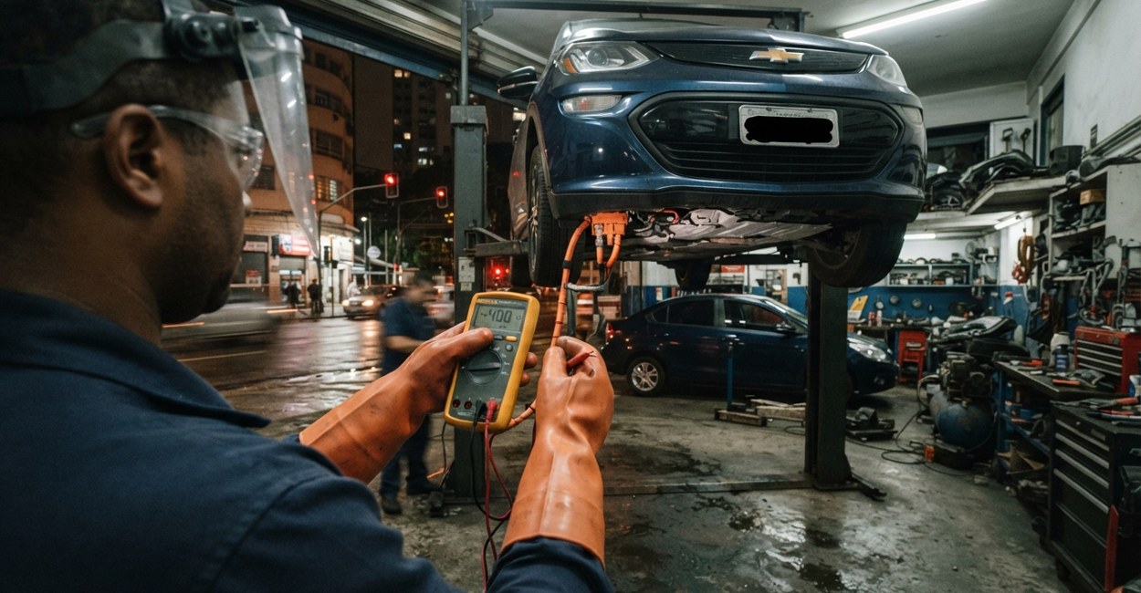 Tecnico com protetor facial e luvas isolantes mede o circuito de alta tensao de um carro eletrico no elevador