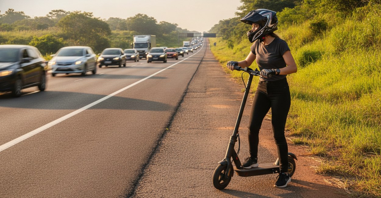 Moto elétrica 1000W parada no acostamento de avenida rápida com a condutora olhando o trânsito