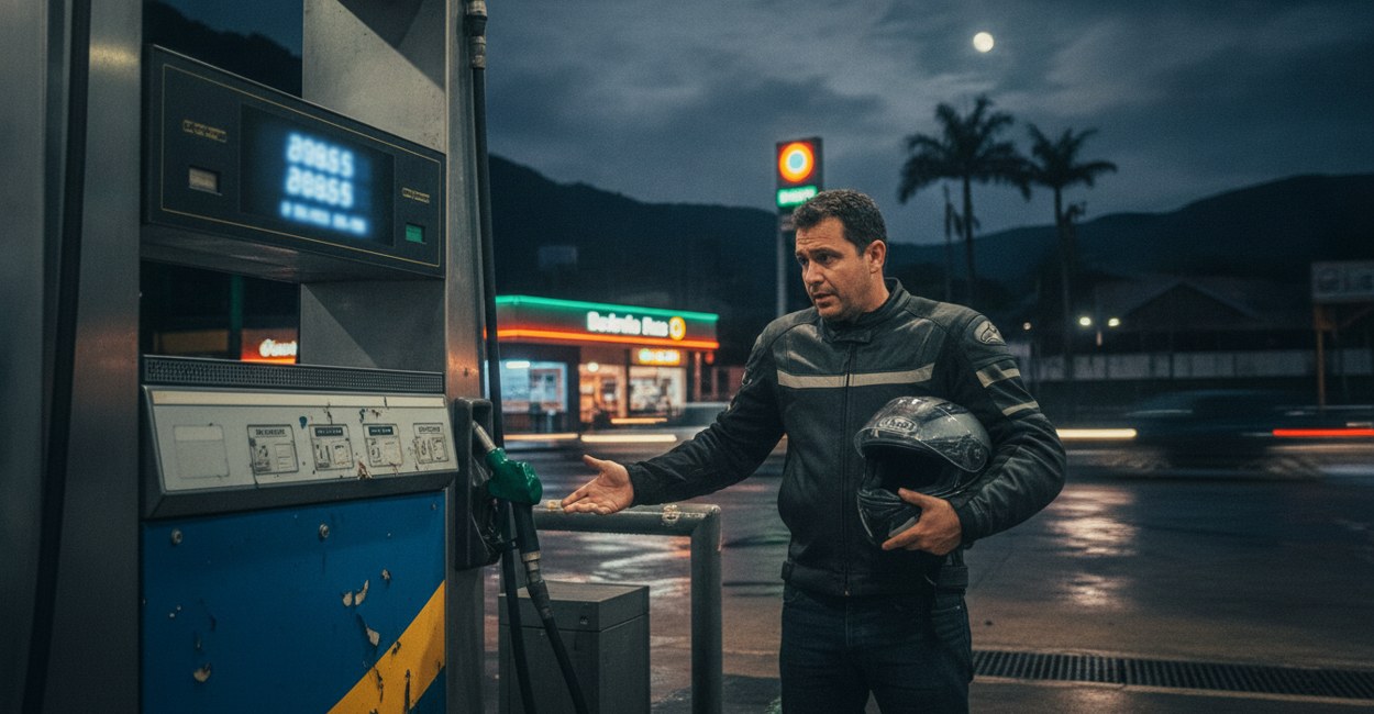 Motociclista com capacete na mão conferindo o preço da gasolina na bomba à noite