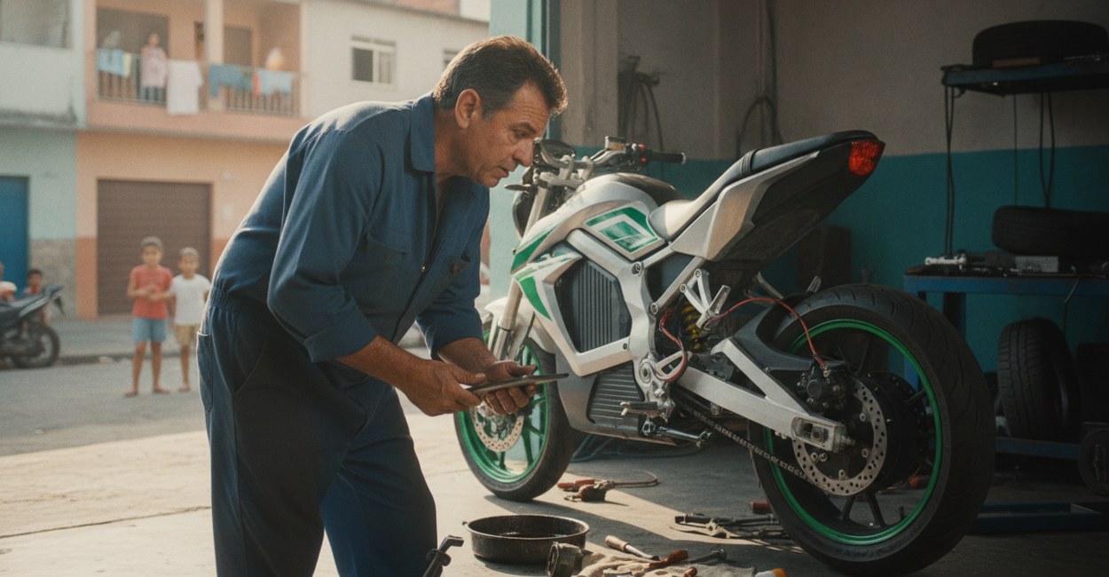 Mecânico de bairro observando o motor de cubo de uma moto elétrica na oficina