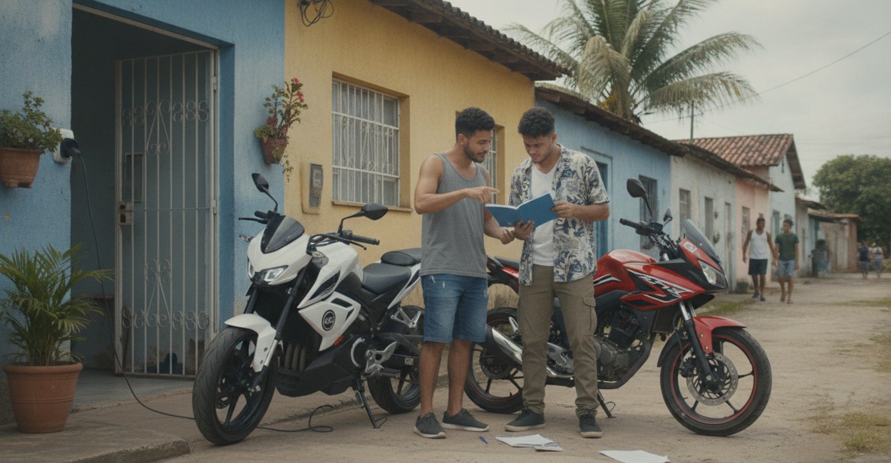Moto elétrica ou combustão: dois amigos comparando o custo anual com um caderno de contas na garagem