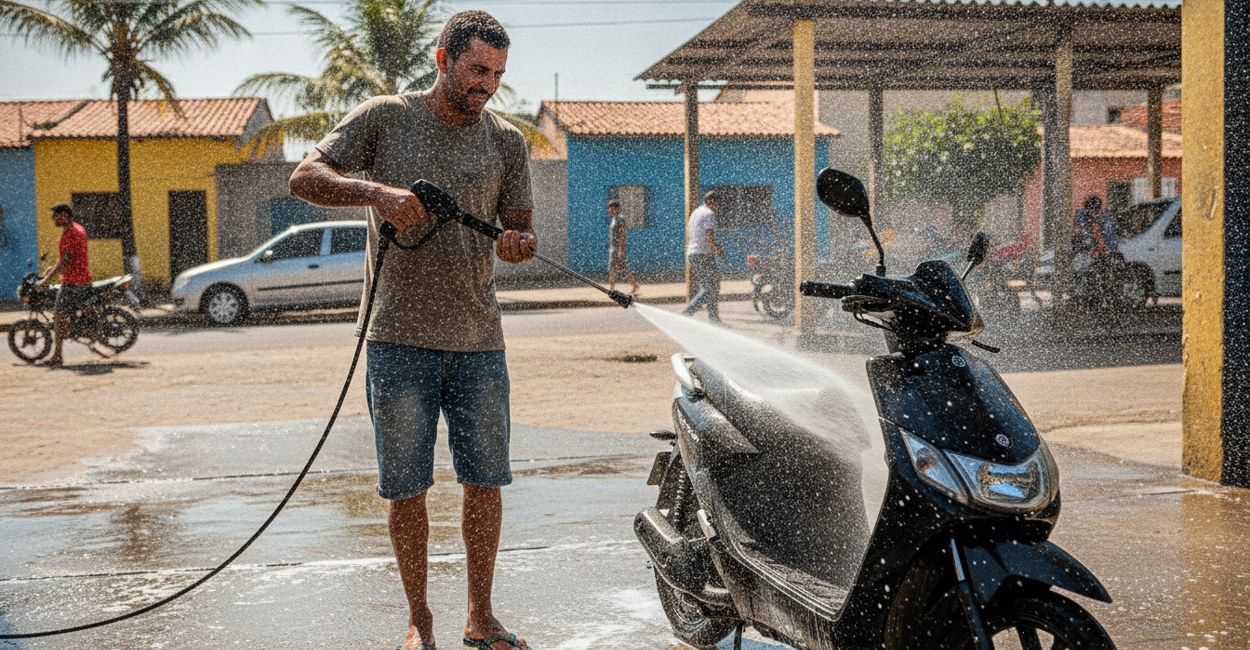 Lavagem de scooter elétrica com jato de alta pressão apontado para o painel