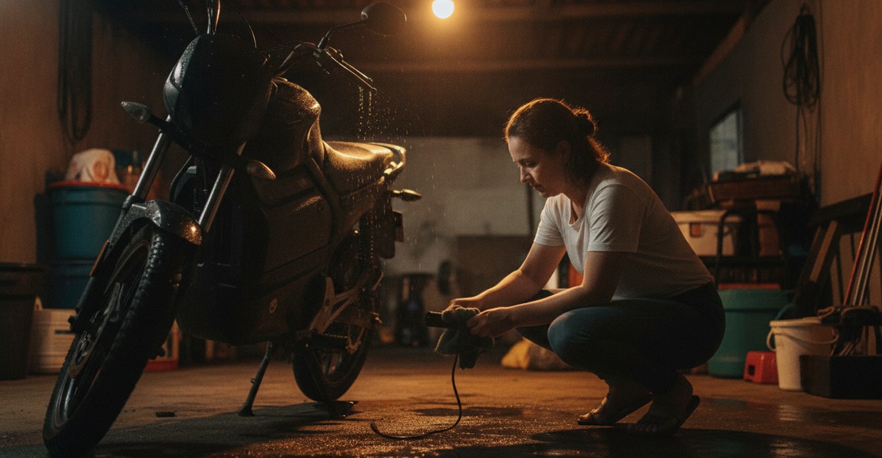 Mulher secando com pano o conector do carregador da moto elétrica molhada antes de ligar na tomada