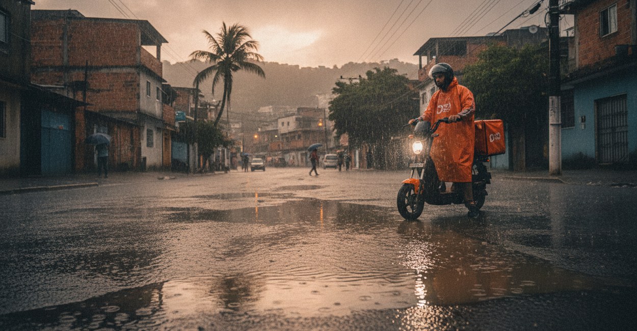 Entregador parado diante de uma poça avaliando se atravessa com a moto elétrica na chuva