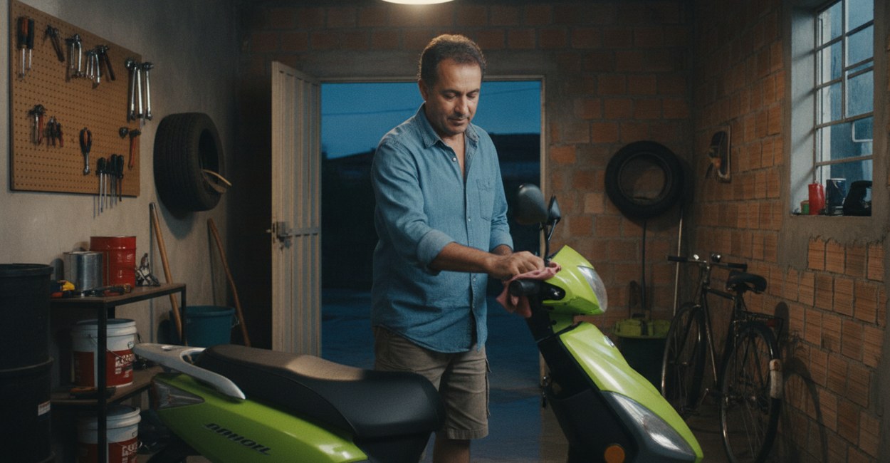 Homem mexe numa scooter elétrica verde de banco longo estacionada na garagem de casa