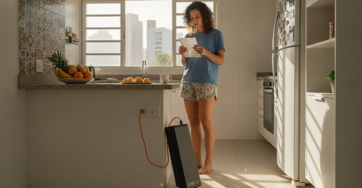 Bateria removível de moto elétrica carregando dentro de apartamento ao lado da conta de luz
