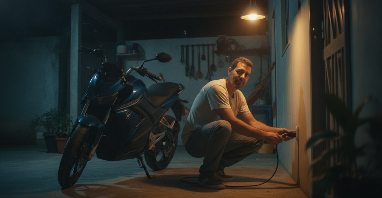 Motociclista ligando o carregador da moto elétrica numa tomada comum da garagem de casa