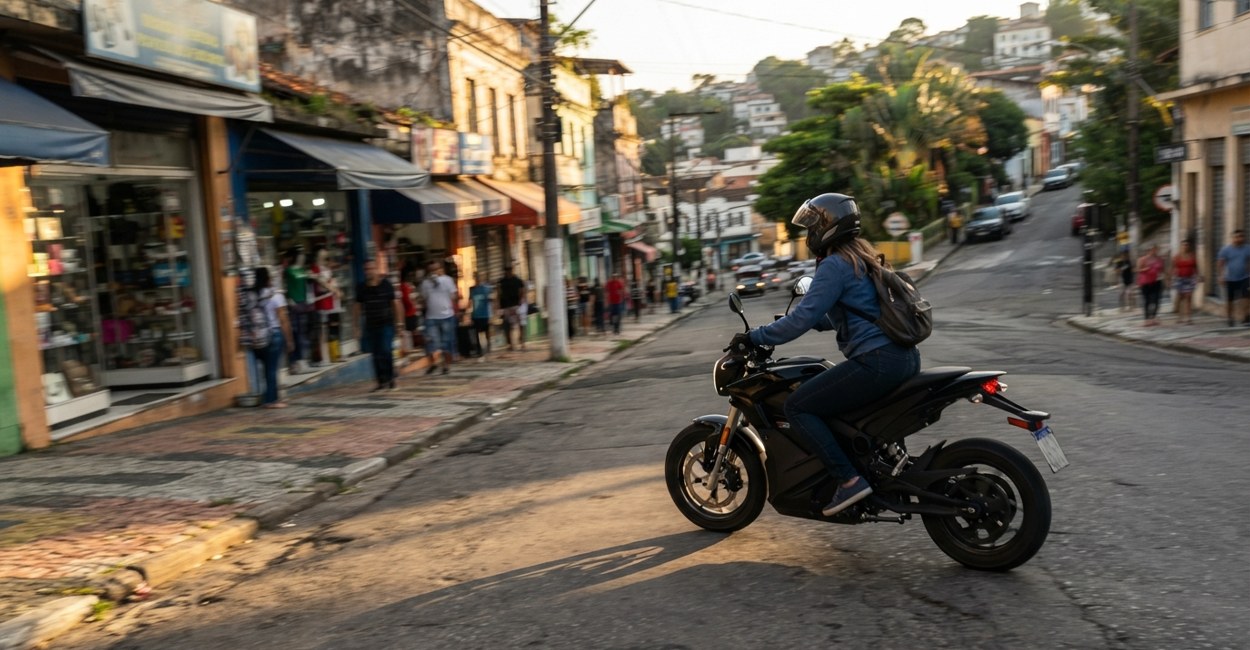 Painel de moto eletrica mostrando o nivel da bateria durante uma subida