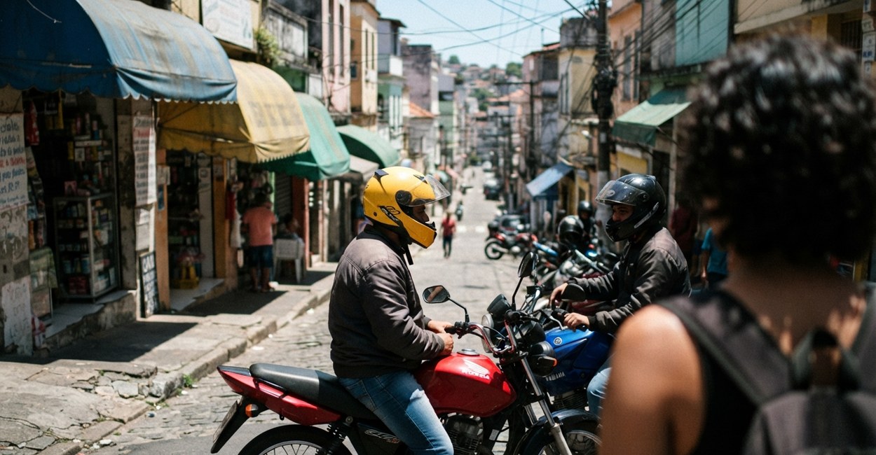 Dois motociclistas conversam parados no alto de uma rua inclinada