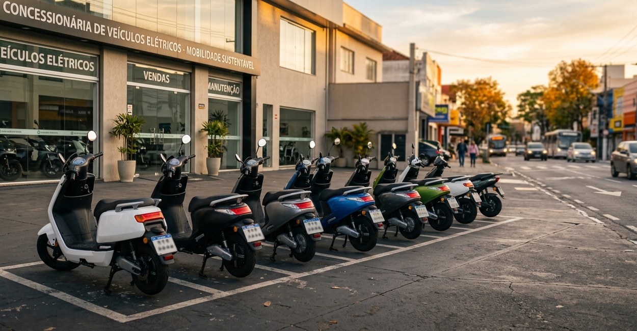 Fileira de motonetas elétricas estacionadas em frente a uma concessionária no fim de tarde