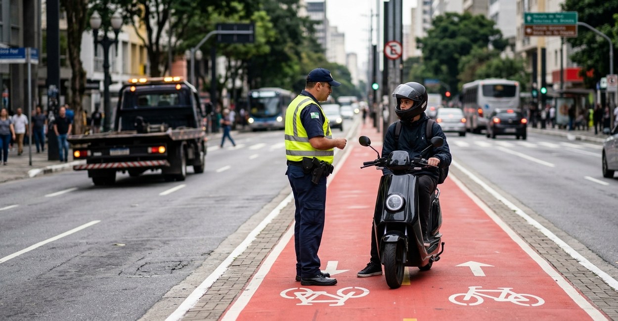 Agente de trânsito aborda condutor de patinete elétrico em ciclovia durante fiscalização