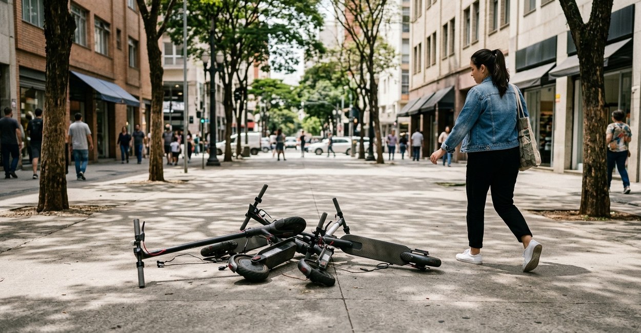 Patinetes elétricos tombados em calçada larga com pedestre desviando