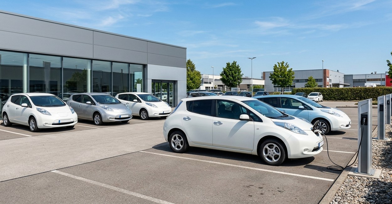 Pátio de concessionária com carros elétricos compactos e um deles em recarga