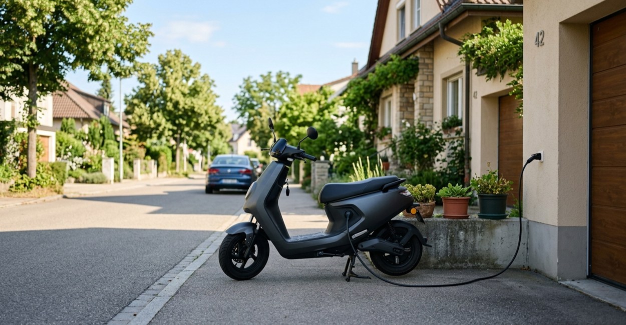 scooter elétrica AIMA carregando na tomada da garagem de uma casa