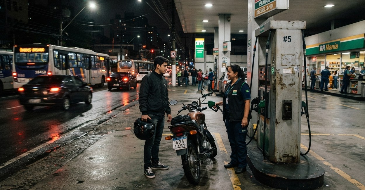 Motociclista com capacete na mao diante da bomba de combustivel em um posto a noite