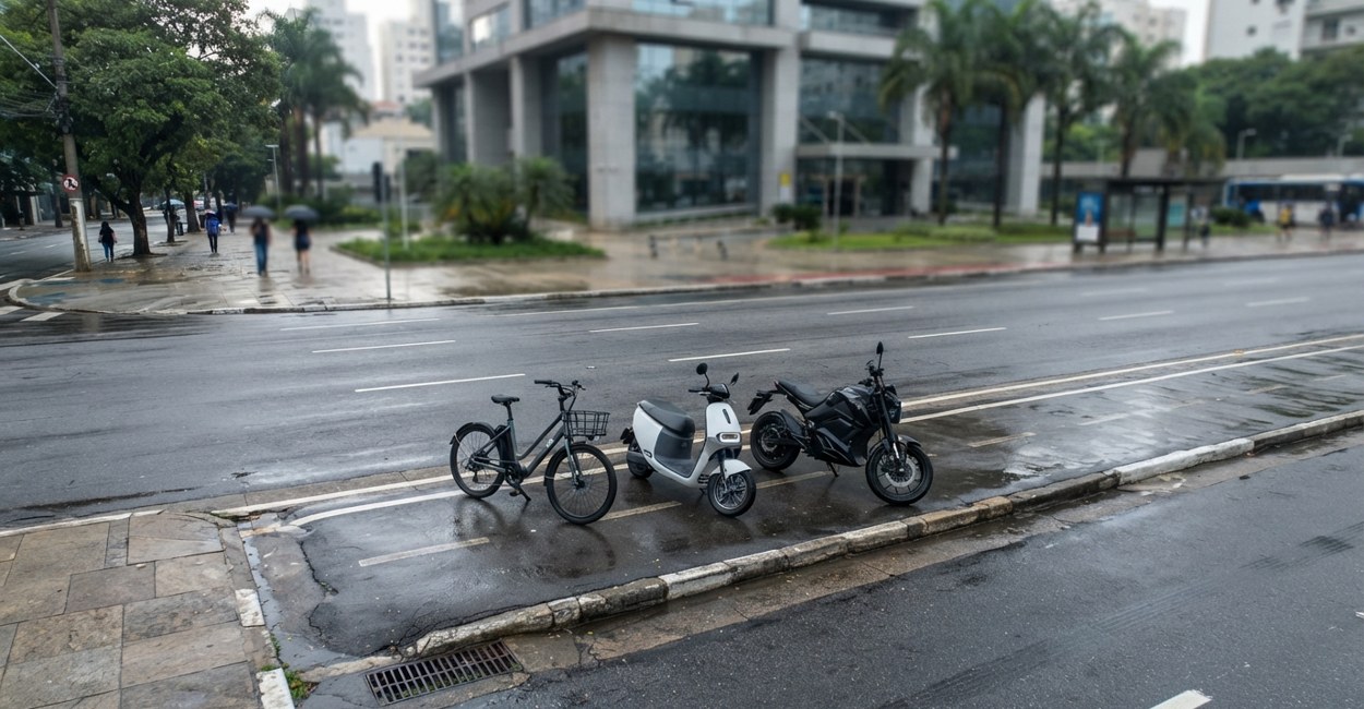 Bicicleta eletrica, scooter eletrica e moto eletrica lado a lado em uma avenida
