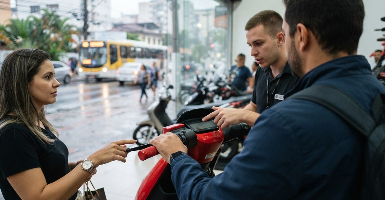 Casal avalia uma scooter eletrica vermelha em uma loja, com vendedor explicando os detalhes