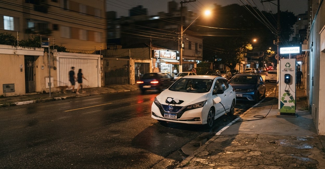 Fila de dois carros eletricos esperando vaga em um ponto de recarga rapida