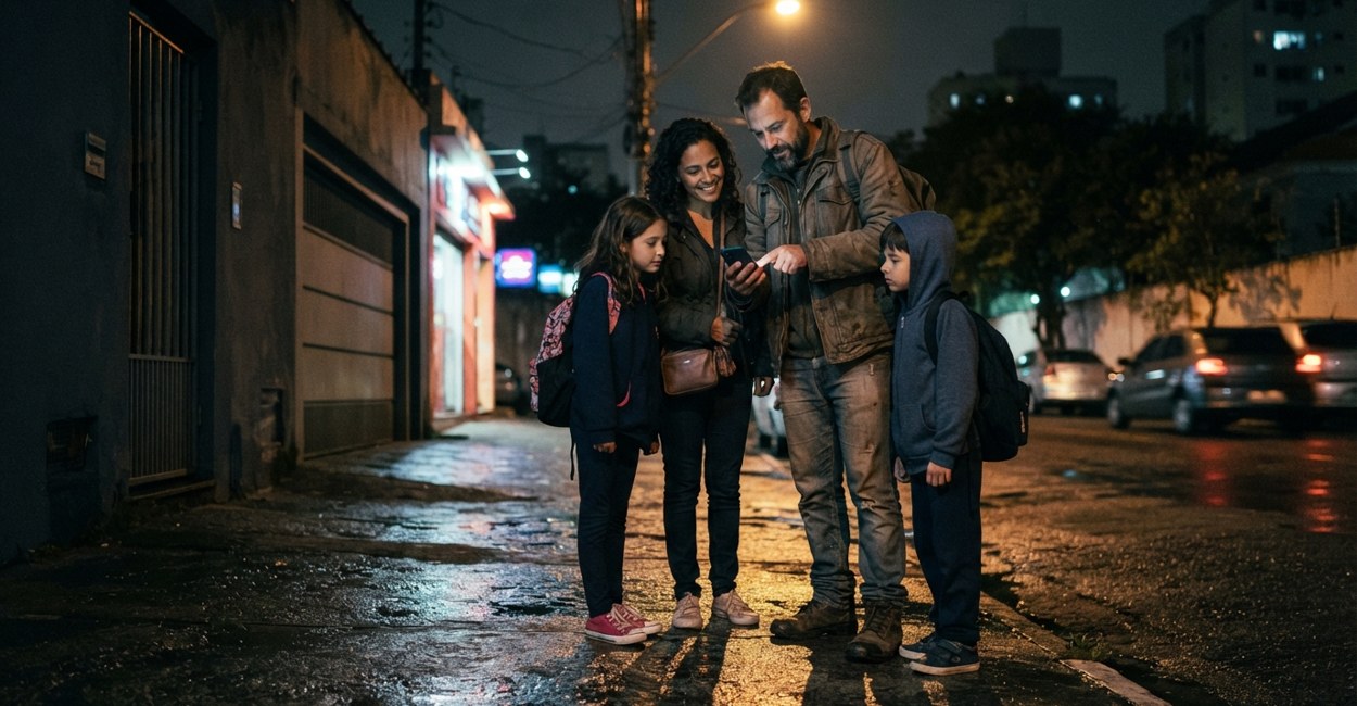 Familia consulta o aplicativo de recarga no celular antes de pegar a estrada