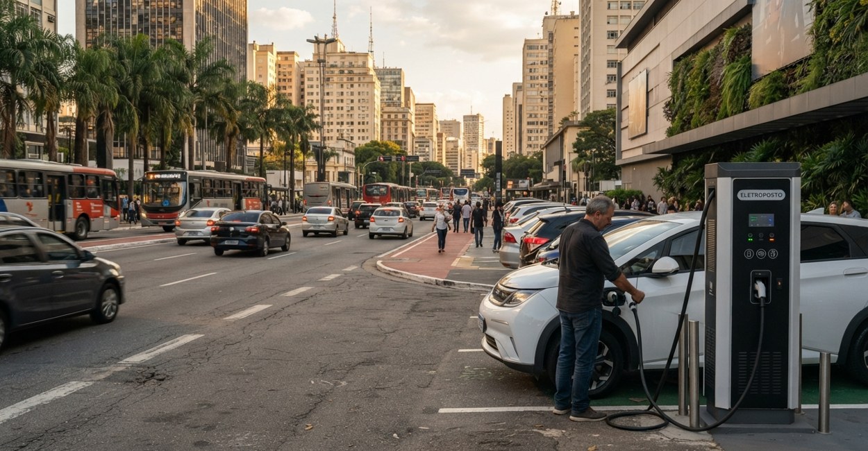 Motorista conecta o cabo de recarga em um carro eletrico num eletroposto de shopping