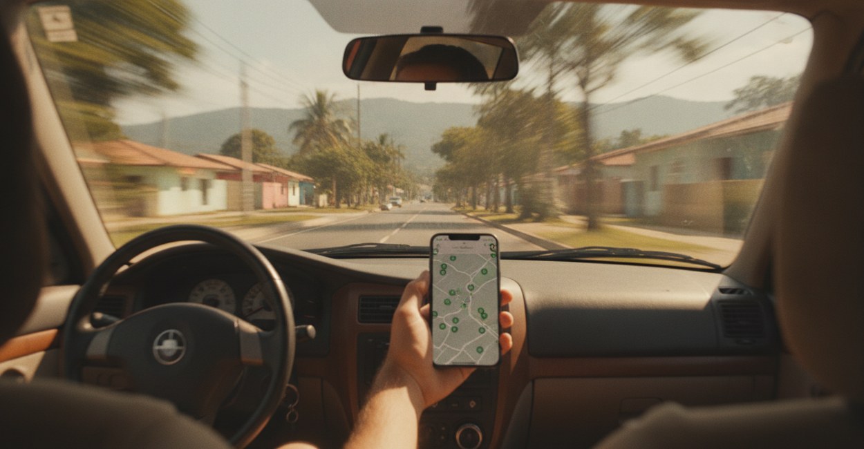 Mão segura celular com mapa de pontos de recarga elétrica dentro do carro