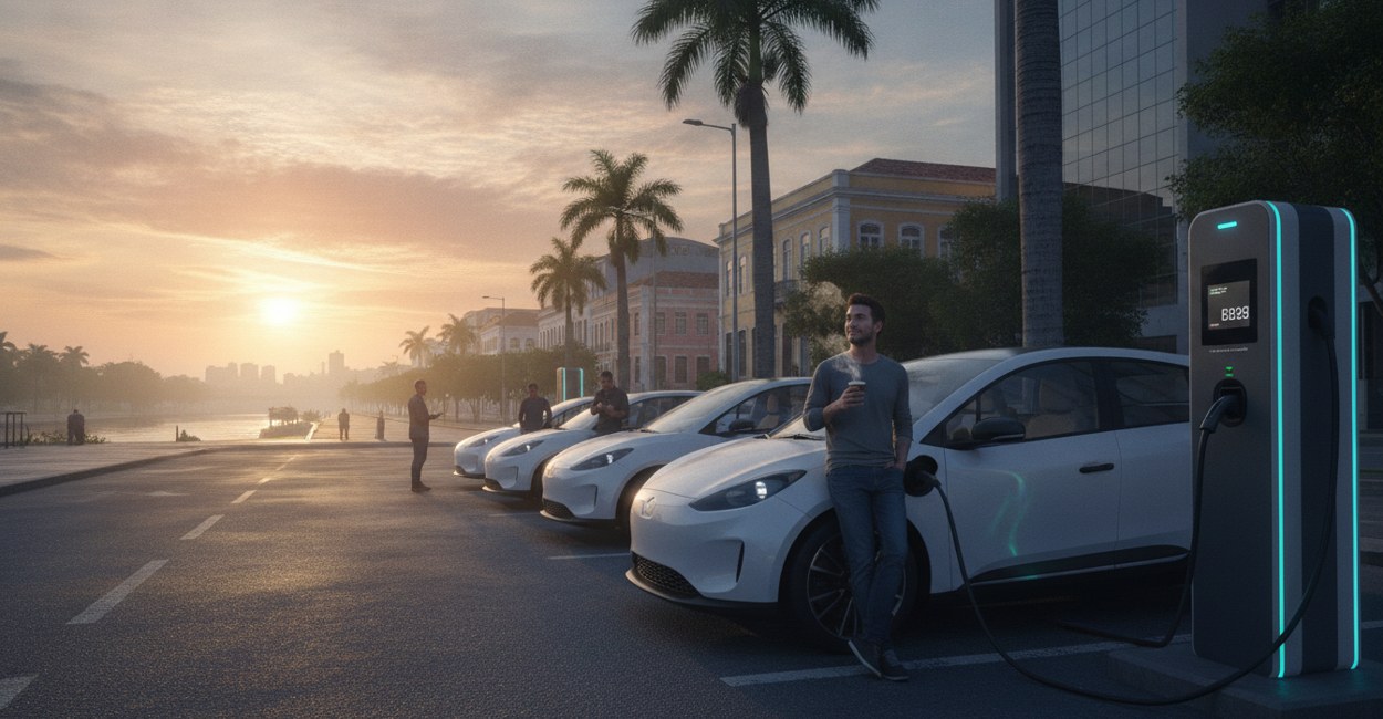 Fila curta de carros elétricos num eletroposto de recarga ao amanhecer