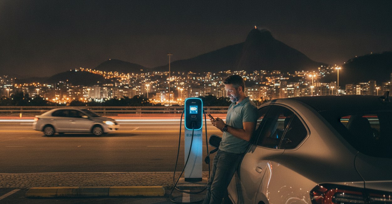 Motorista de app olha o celular enquanto o carro elétrico faz a recarga elétrica no Rio à noite