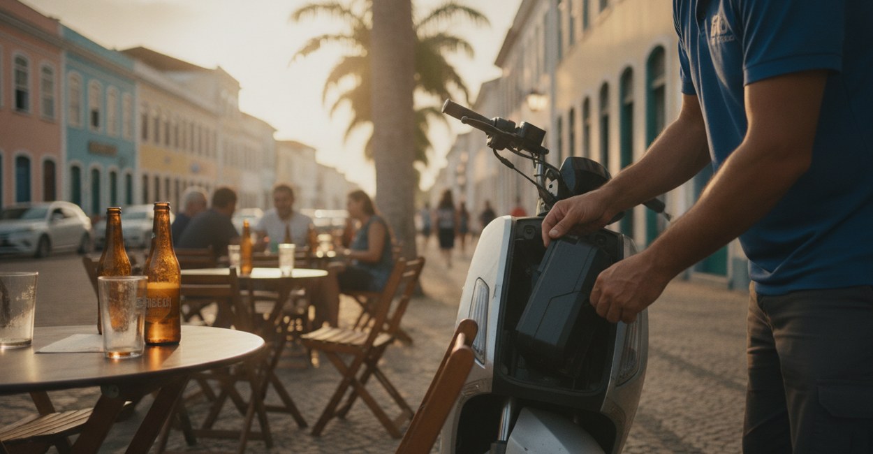 Mãos de trabalhador encaixando bateria removível em scooter elétrica na calçada