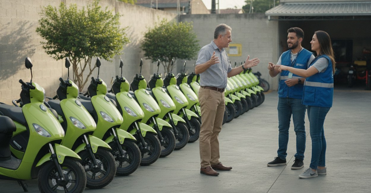 Fila de scooters elétricas em pátio de concessionária com vendedor e dois motoristas de aplicativo