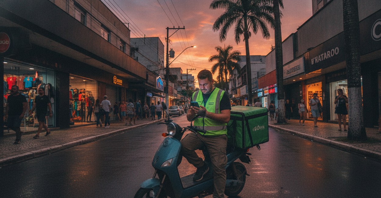 Motorista de aplicativo com colete refletivo encostado em uma scooter elétrica sem CNH em rua de São Paulo