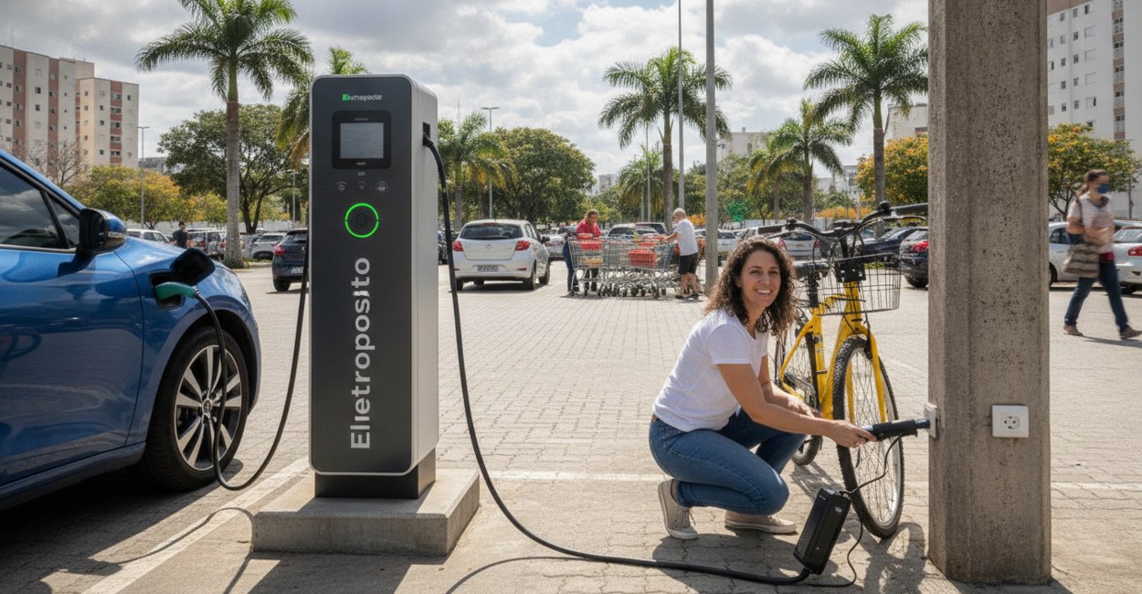 Mulher conecta o cabo de um eletroposto enquanto um carro elétrico azul recarrega na orla