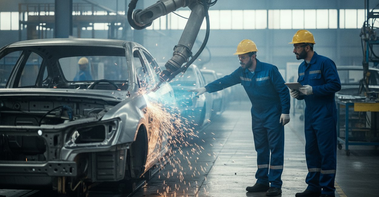 Braço robótico de solda na fábrica da BYD em Camaçari com dois técnicos observando
