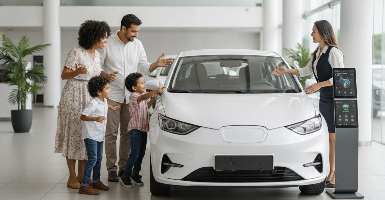 Família em concessionária olhando um hatch elétrico branco produzido pela BYD em Camaçari