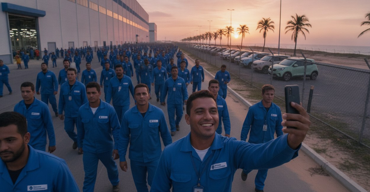 Operários de uniforme azul saindo da fábrica da BYD em Camaçari ao amanhecer