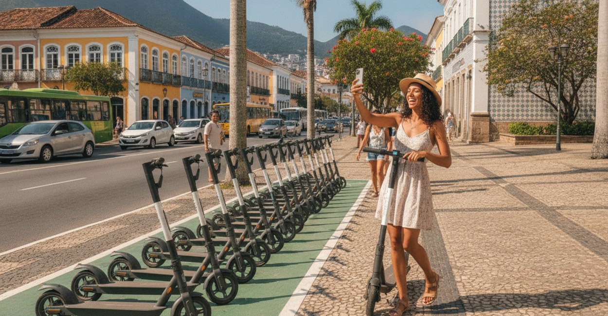 Patinetes elétricos compartilhados estacionados em ponto demarcado e usuária fotografando a devolução