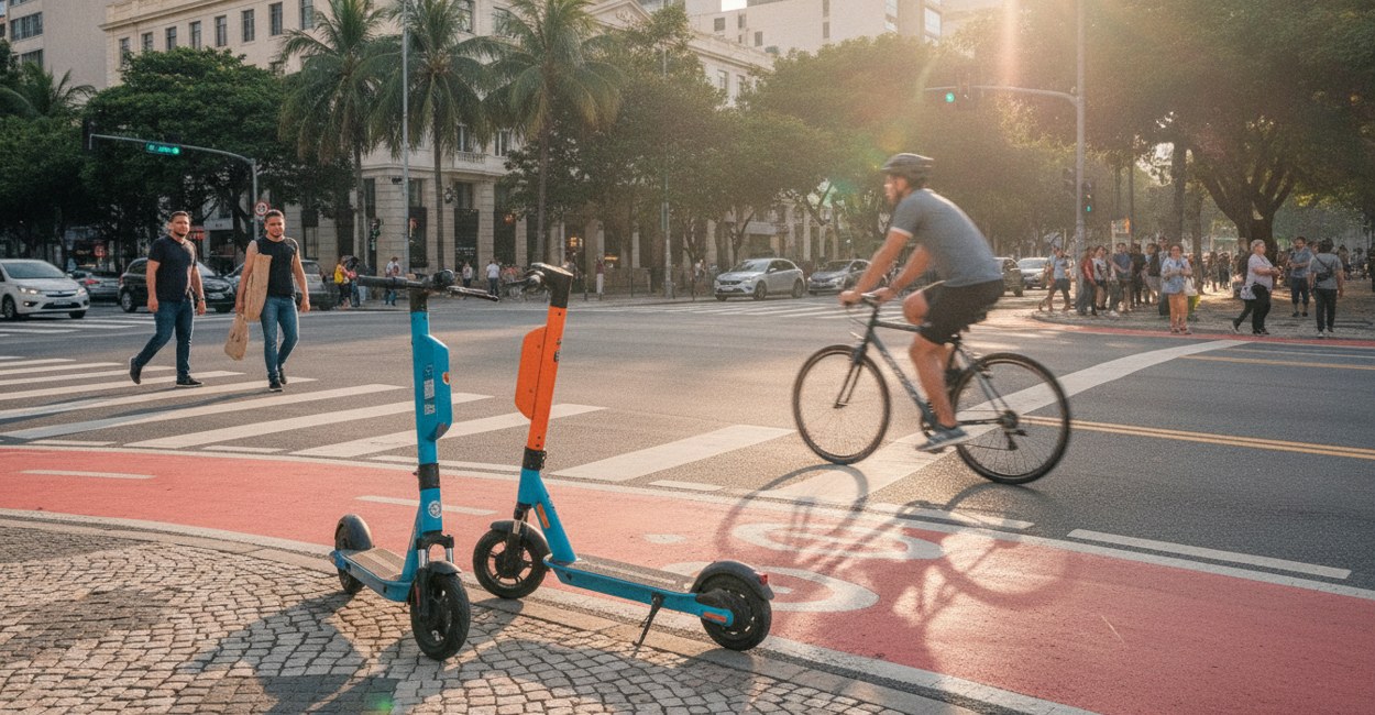Dois patinetes elétricos compartilhados de operadoras diferentes lado a lado em ciclofaixa de Curitiba